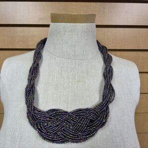 Braided Beaded Statement Necklace – Purple Black Gold Multi‑Strand